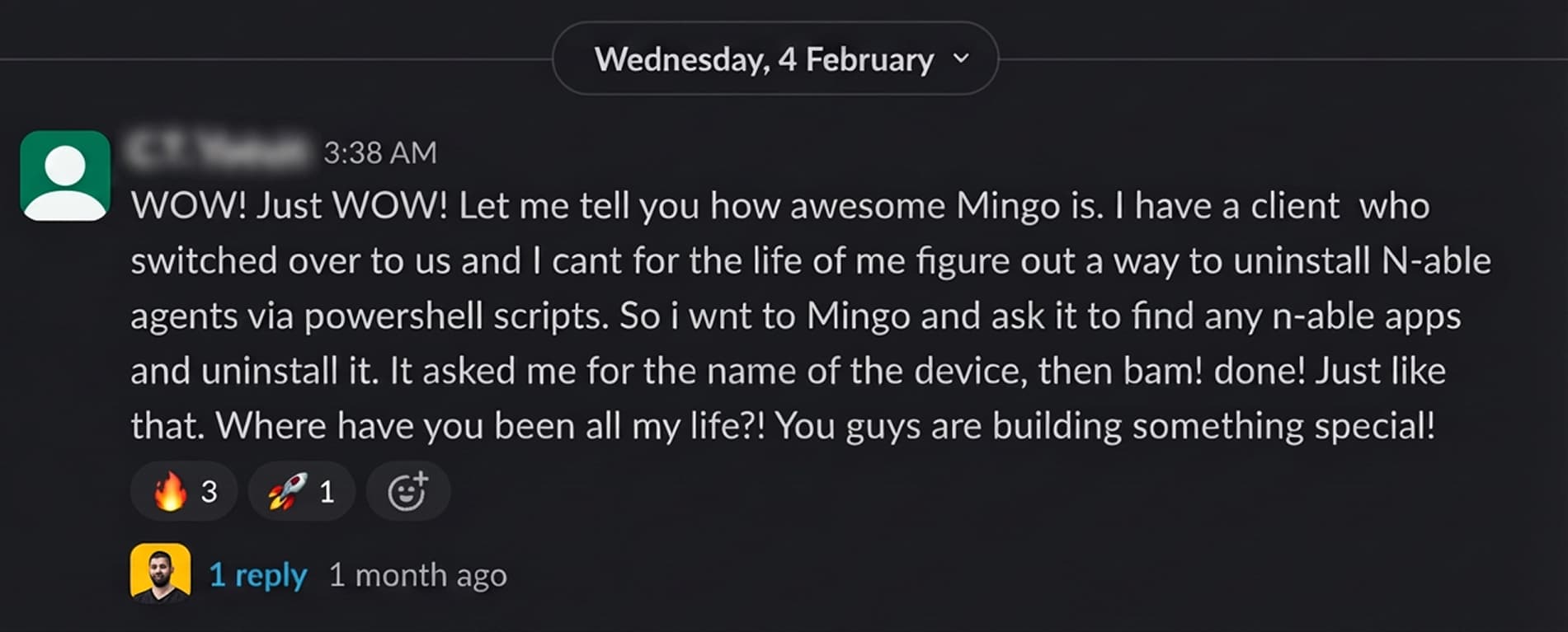 OpenFrame community testimonial about Mingo AI agent