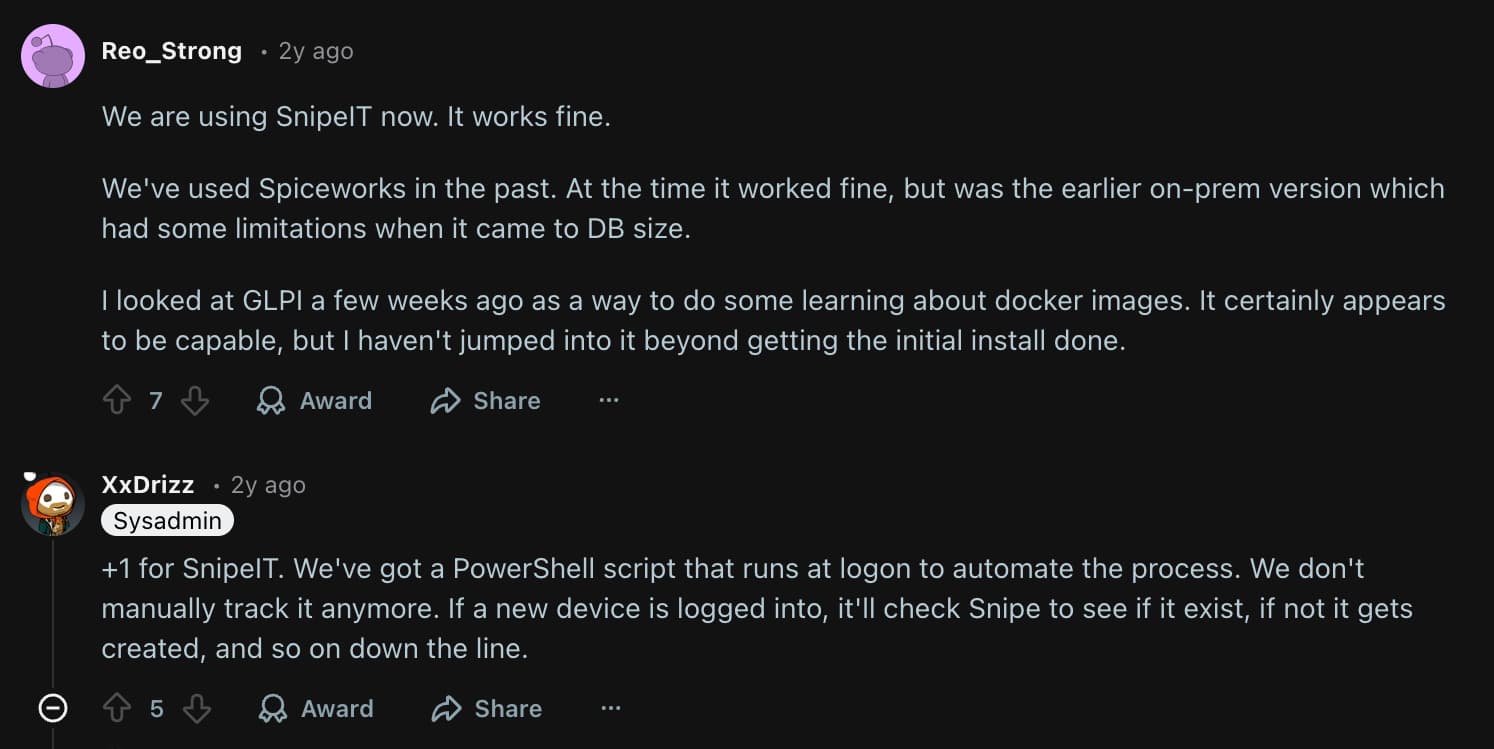 Reddit discussion about Snipe-IT for MSP asset management
