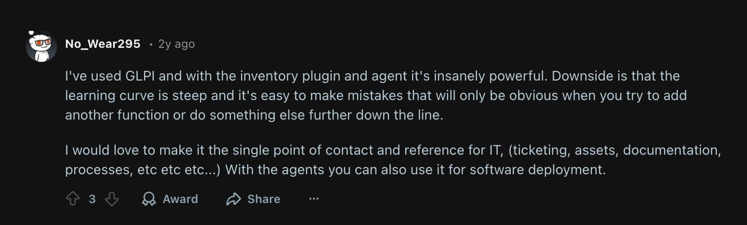 Reddit discussion about GLPI for MSP asset management